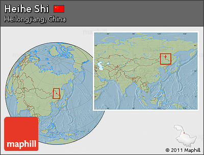 Savanna Style Location Map of Heihe Shi, within the entire country, hill shading