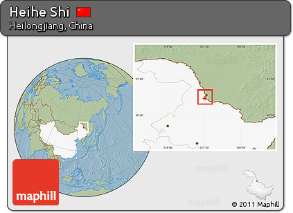 Savanna Style Location Map of Heihe Shi, highlighted country, hill shading