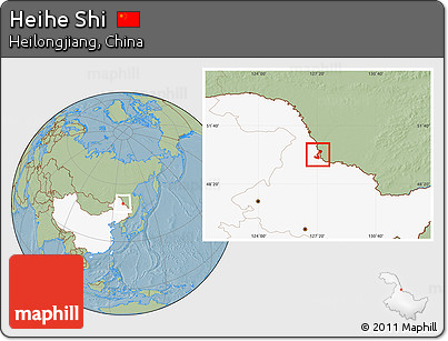 Savanna Style Location Map of Heihe Shi, highlighted country, hill shading