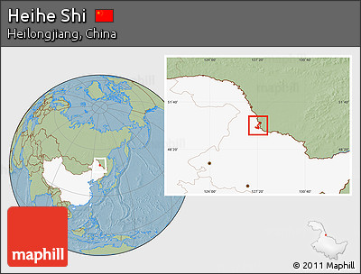 Savanna Style Location Map of Heihe Shi, highlighted country, hill shading