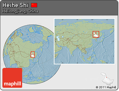 Savanna Style Location Map of Heihe Shi, highlighted parent region, within the entire country, hill shading