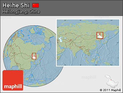 Savanna Style Location Map of Heihe Shi, highlighted parent region, within the entire country, hill shading