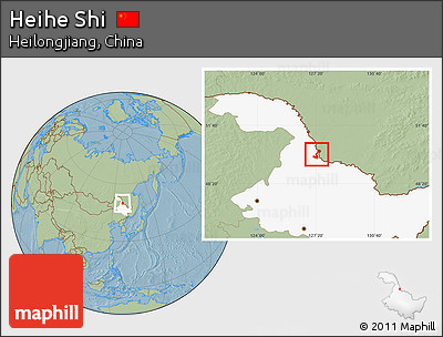 Savanna Style Location Map of Heihe Shi, highlighted parent region, hill shading
