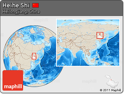 Shaded Relief Location Map of Heihe Shi, highlighted parent region, within the entire country