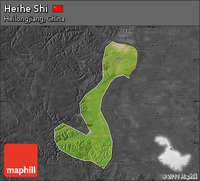 Satellite Map of Heihe Shi, darken, desaturated