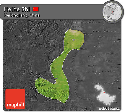 Satellite Map of Heihe Shi, darken, desaturated