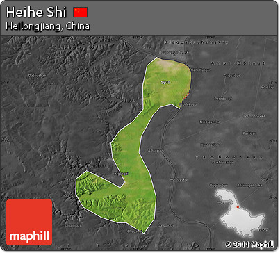 Satellite Map of Heihe Shi, darken, desaturated