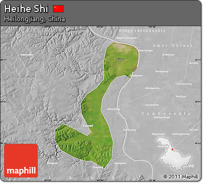 Satellite Map of Heihe Shi, lighten, desaturated