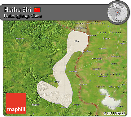 Shaded Relief Map of Heihe Shi, satellite outside