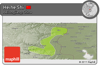 Physical Panoramic Map of Heihe Shi, semi-desaturated