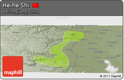 Physical Panoramic Map of Heihe Shi, semi-desaturated
