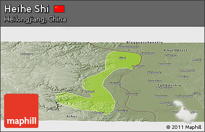 Physical Panoramic Map of Heihe Shi, semi-desaturated