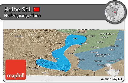 Political Panoramic Map of Heihe Shi, semi-desaturated