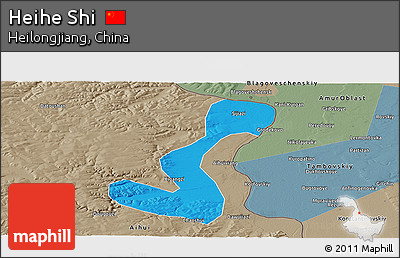 Political Panoramic Map of Heihe Shi, semi-desaturated