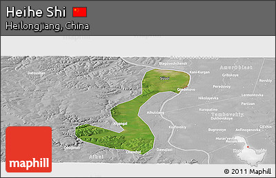 Satellite Panoramic Map of Heihe Shi, lighten, desaturated