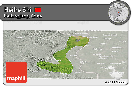 Satellite Panoramic Map of Heihe Shi, lighten, semi-desaturated
