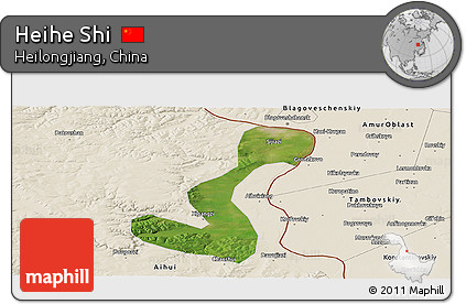 Satellite Panoramic Map of Heihe Shi, shaded relief outside