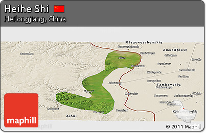 Satellite Panoramic Map of Heihe Shi, shaded relief outside