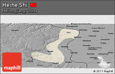 Shaded Relief Panoramic Map of Heihe Shi, darken, desaturated