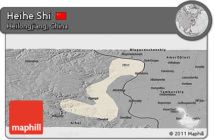 Shaded Relief Panoramic Map of Heihe Shi, darken, desaturated