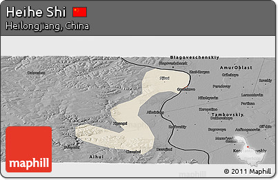 Shaded Relief Panoramic Map of Heihe Shi, darken, desaturated