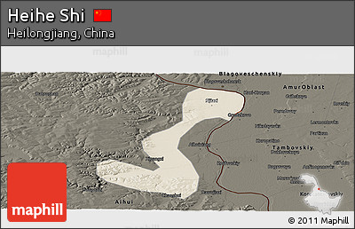 Shaded Relief Panoramic Map of Heihe Shi, darken