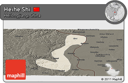 Shaded Relief Panoramic Map of Heihe Shi, darken