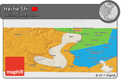 Shaded Relief Panoramic Map of Heihe Shi, political outside