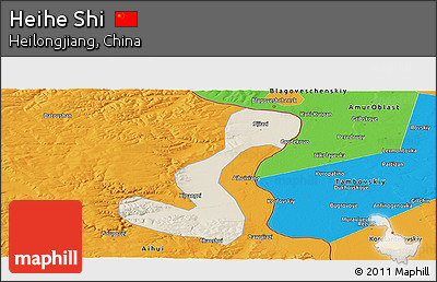 Shaded Relief Panoramic Map of Heihe Shi, political outside