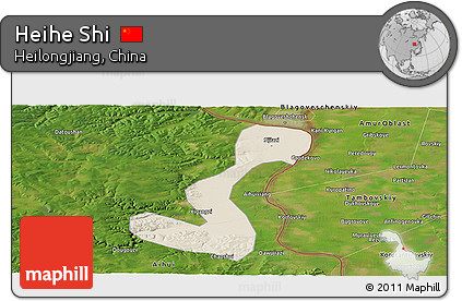Shaded Relief Panoramic Map of Heihe Shi, satellite outside