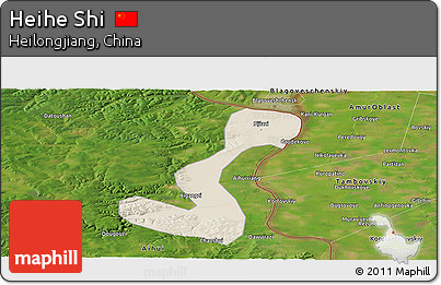 Shaded Relief Panoramic Map of Heihe Shi, satellite outside