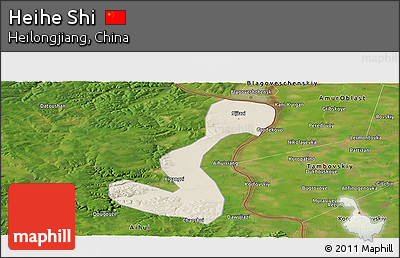 Shaded Relief Panoramic Map of Heihe Shi, satellite outside