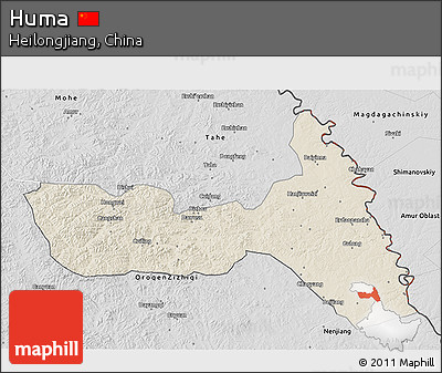 Shaded Relief 3D Map of Huma, desaturated