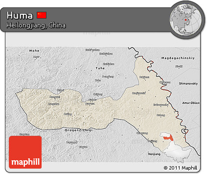 Shaded Relief 3D Map of Huma, desaturated