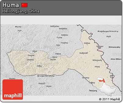Shaded Relief 3D Map of Huma, desaturated