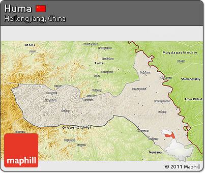 Shaded Relief 3D Map of Huma, physical outside
