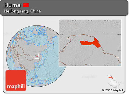 Gray Location Map of Huma, hill shading