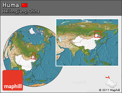 Satellite Location Map of Huma, highlighted country, highlighted parent region, within the entire country