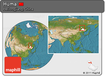 Satellite Location Map of Huma, highlighted parent region, within the entire country