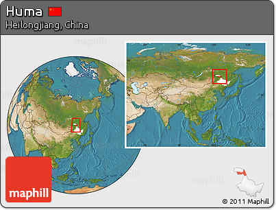 Satellite Location Map of Huma, highlighted parent region, within the entire country