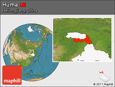 Satellite Location Map of Huma, highlighted parent region