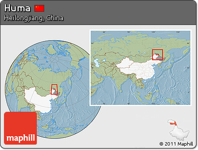 Savanna Style Location Map of Huma, highlighted country, highlighted parent region, within the entire country, hill shading