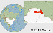 Savanna Style Location Map of Huma, highlighted country, hill shading