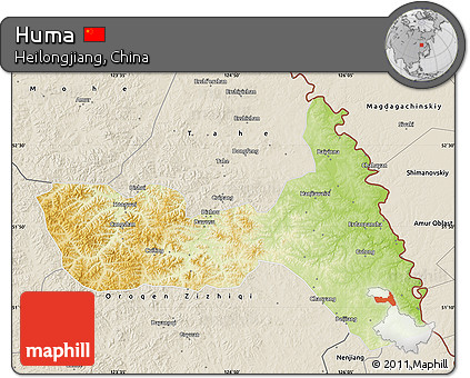Physical Map of Huma, shaded relief outside
