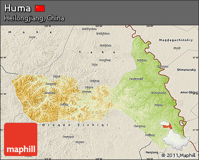 Physical Map of Huma, shaded relief outside