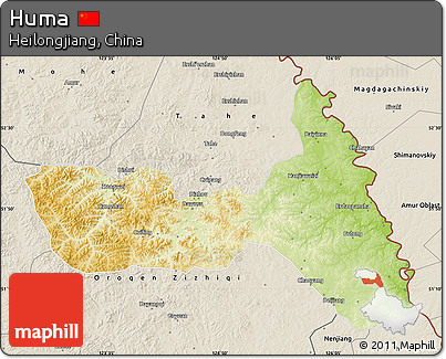 Physical Map of Huma, shaded relief outside