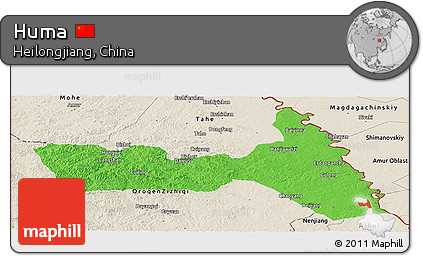 Political Panoramic Map of Huma, shaded relief outside