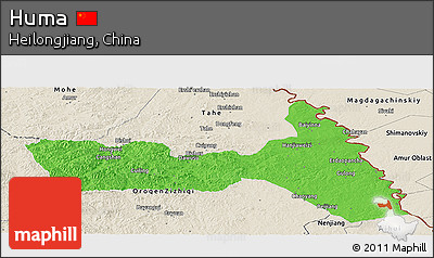 Political Panoramic Map of Huma, shaded relief outside