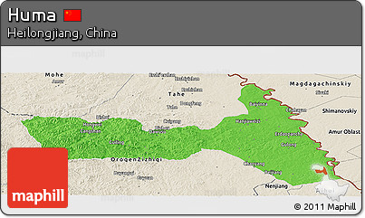 Political Panoramic Map of Huma, shaded relief outside