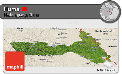 Satellite Panoramic Map of Huma, shaded relief outside